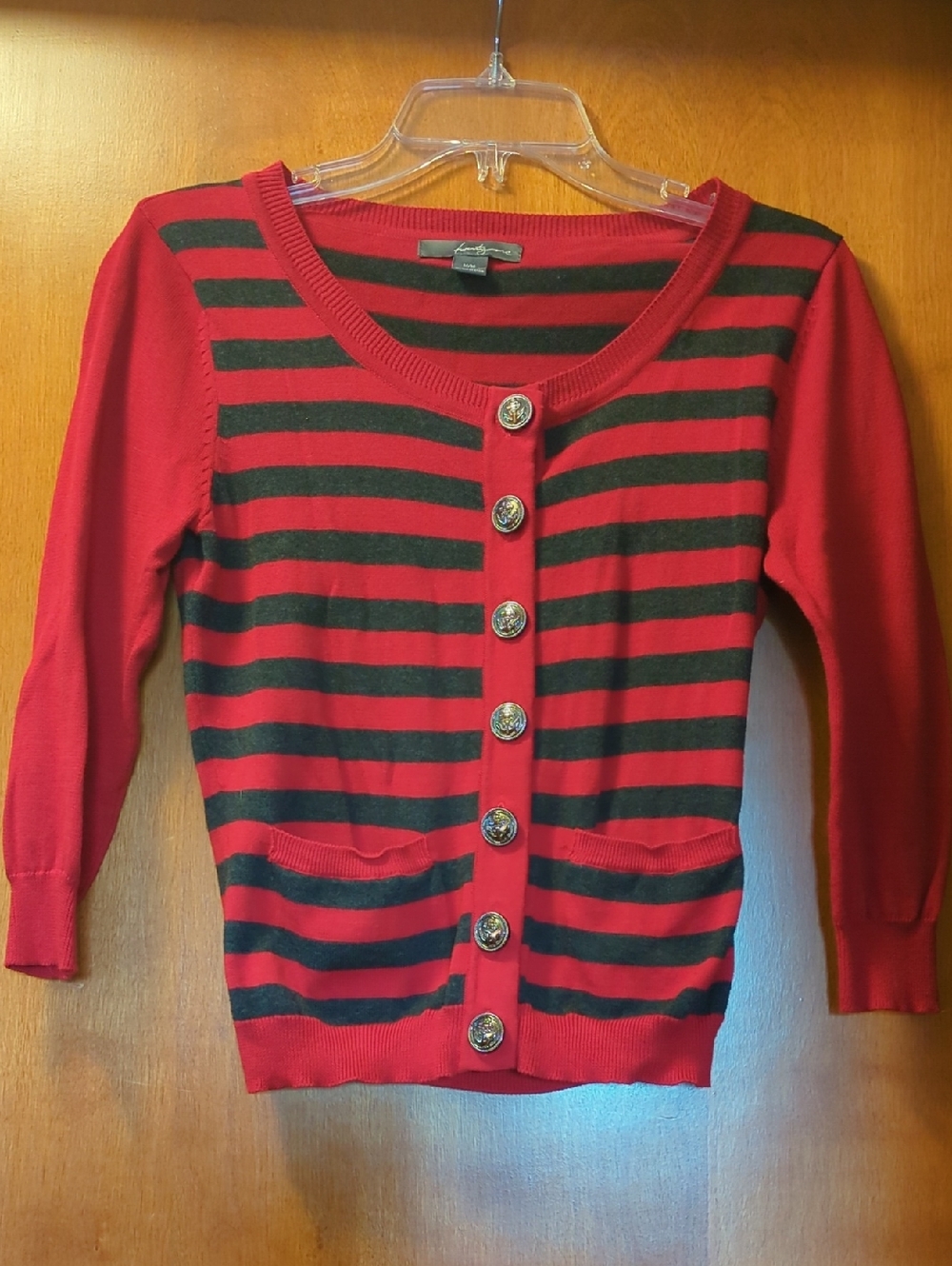 Forever 21 Red and Drak Grey Striped Button-Front Cardigan